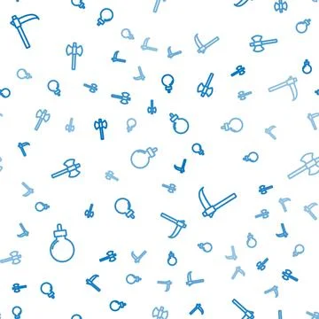 Set line Bomb ready to explode, Scythe and Wooden axe on seamless pattern Illustrazione stock