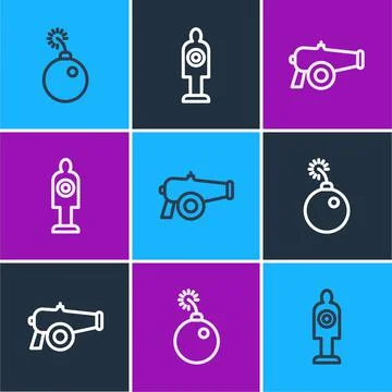 Set line Bomb ready to explode, Cannon and Human target sport for shooting icon 스톡 일러스트