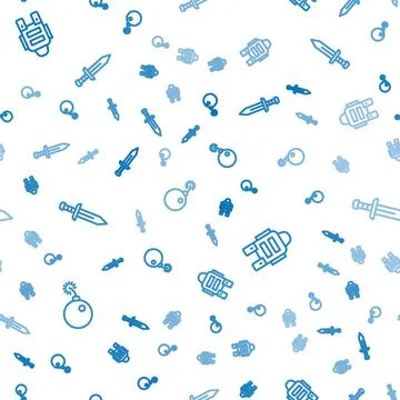 Set line Bomb ready to explode, Bulletproof vest and Sword on seamless pattern Stock Illustration