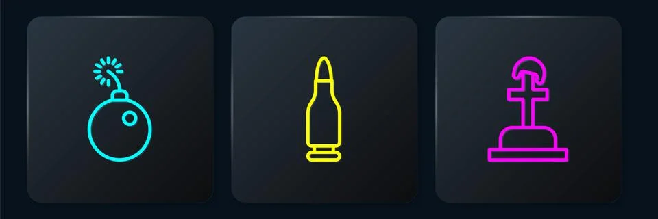 Set line Bomb ready to explode, Soldier grave and Bullet. Black square button 스톡 일러스트