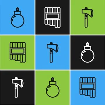 Set line Bomb ready to explode, Tomahawk axe and Pan flute icon. Vector Stock Illustration
