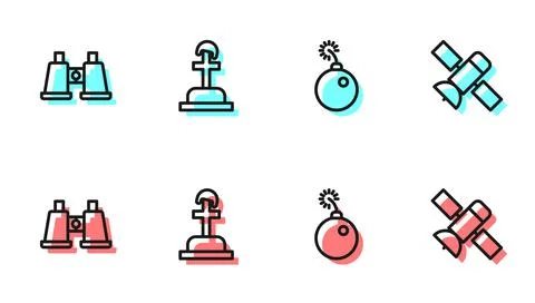Set line Bomb ready to explode, Binoculars, Soldier grave and Satellite icon 스톡 일러스트