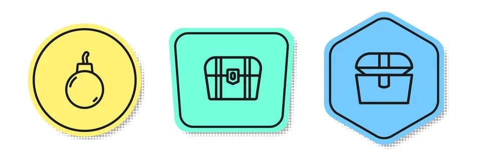Set line Bomb ready to explode, Antique treasure chest and . Colored shapes.  Stock Illustration