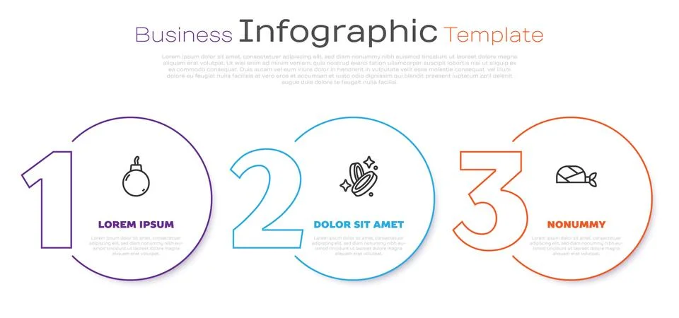 Set line Bomb ready to explode, Pirate coin and bandana for head. Business Stock Illustration