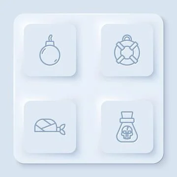 Set line Bomb ready to explode, Lifebuoy, Pirate bandana for head and coin 스톡 일러스트