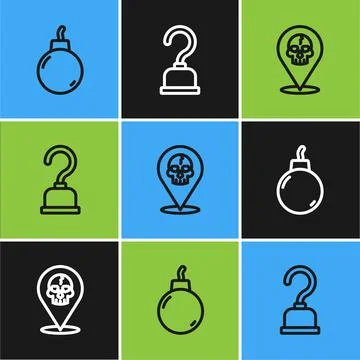Set line Bomb ready to explode, Location pirate and Pirate hook icon. Vector 스톡 일러스트