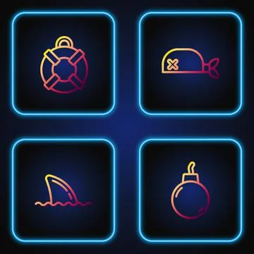 Set line Bomb ready to explode, Shark fin in ocean wave, Lifebuoy and Pirate 스톡 일러스트