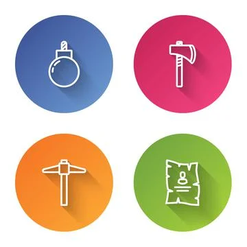 Set line Bomb ready to explode, Tomahawk axe, Pickaxe and Wanted western post Illustrazione stock