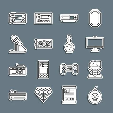 Set line Bomb ready to explode, Virtual reality glasses, Computer monitor, Video Stock-Illustration