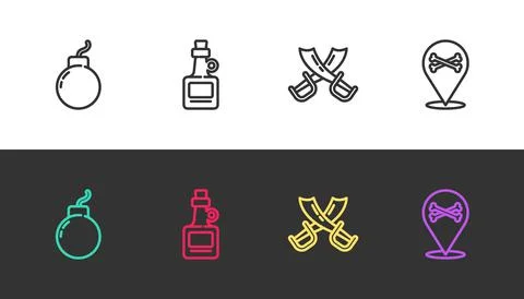 Set line Bomb ready to explode, Alcohol drink Rum, Crossed pirate swords and Illustrazione stock
