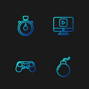 Set line Bomb ready to explode, Gamepad, Stopwatch and Online play video Stock Illustration