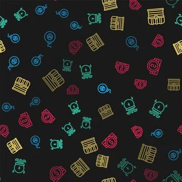 Set line Bomb ready to explode, Magic ball, Chest and Ancient coin on seamless 스톡 일러스트