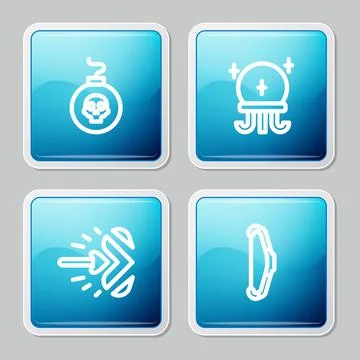 Set line Bomb ready to explode, Magic ball, arrow and Medieval bow icon. Vector Stock Illustration