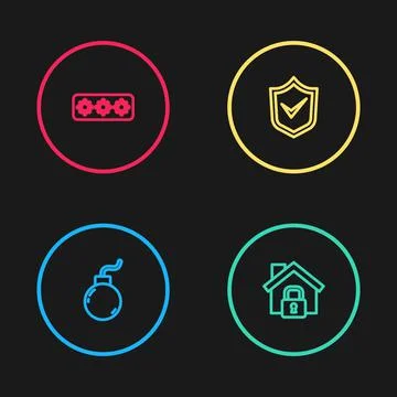 Set line Bomb ready to explode, House under protection, Shield with check mark Stock Illustration