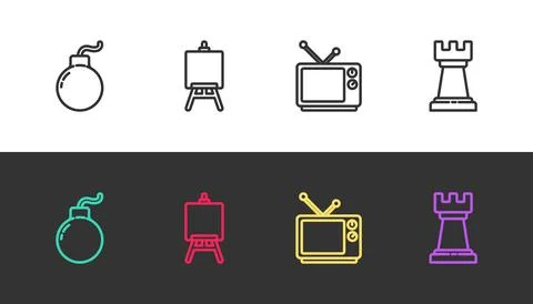 Set line Bomb ready to explode, Easel or painting art boards, Retro tv and 스톡 일러스트