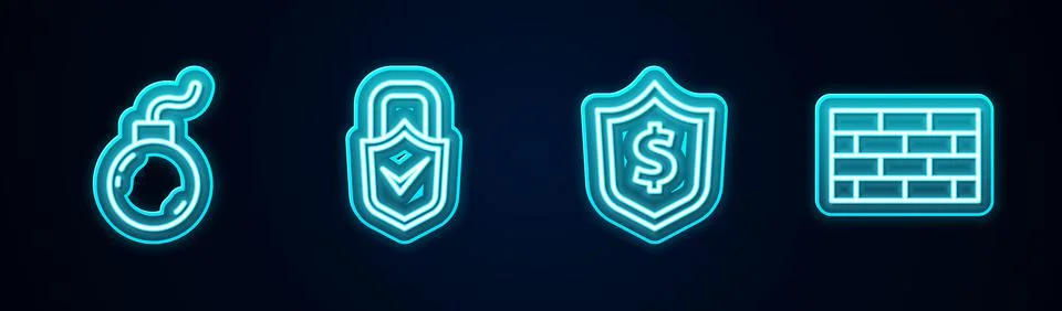 Set line Bomb ready to explode, Lock and check mark, Shield with dollar and Illustrazione stock