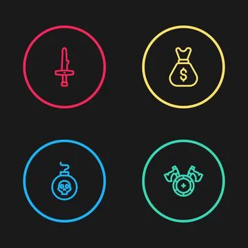 Set line Bomb ready to explode, Medieval shield with axe, Old money bag and イラスト素材