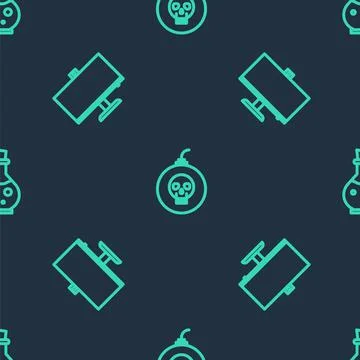 Set line Bomb ready to explode, Computer monitor and Bottle with magic elixir on Illustrazione stock