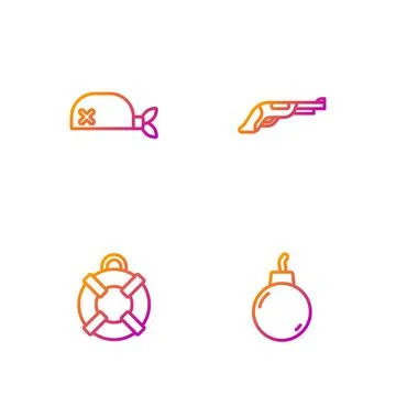 Set line Bomb ready to explode, Lifebuoy, Pirate bandana for head and Vintage 스톡 일러스트