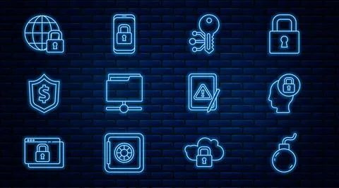 Set line Bomb ready to explode, Human head with lock, Cryptocurrency key, FTP Stock Illustration