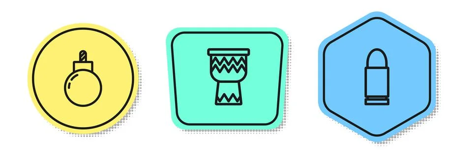Set line Bomb ready to explode, Drum and Bullet. Colored shapes. Vector Stock Illustration
