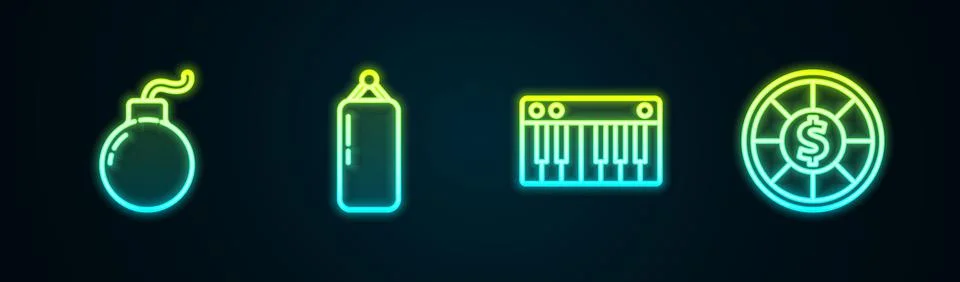 Set line Bomb ready to explode, Punching bag, Music synthesizer and Casino chips 스톡 일러스트