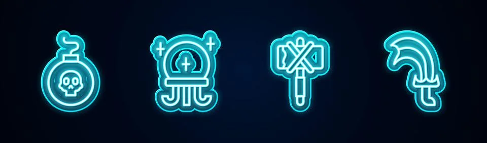 Set line Bomb ready to explode, Magic ball, Medieval axe and Sword for game 스톡 일러스트