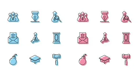 Set line Bomb ready to explode, Graduation cap, Money bag, Judge gavel, Hand Illustrazione stock