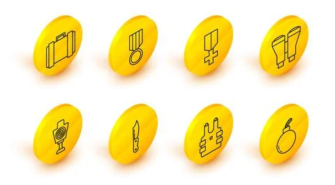 Set line Bomb ready to explode, Bulletproof vest for protection from bullets Stockillustratie