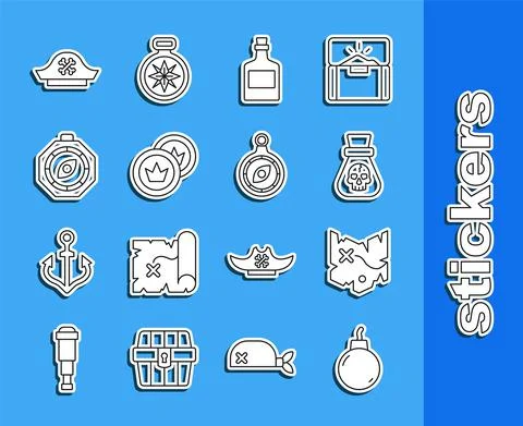 Set line Bomb ready to explode, Pirate treasure map, coin, Alcohol drink Rum 스톡 일러스트