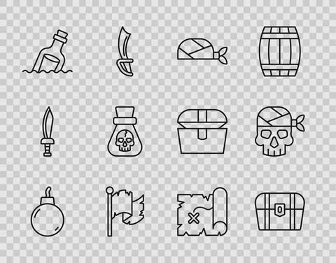Set line Bomb ready to explode, Antique treasure chest, Pirate bandana for head Stock Illustration