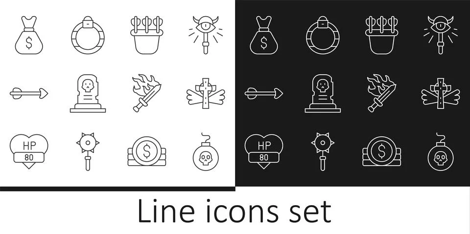 Set line Bomb ready to explode, Christian cross, Quiver with arrows, Grave 스톡 일러스트