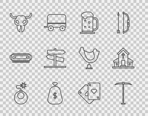 Set line Bomb ready to explode, Pickaxe, Wooden beer mug, Money bag, Buffalo Stockillustratie