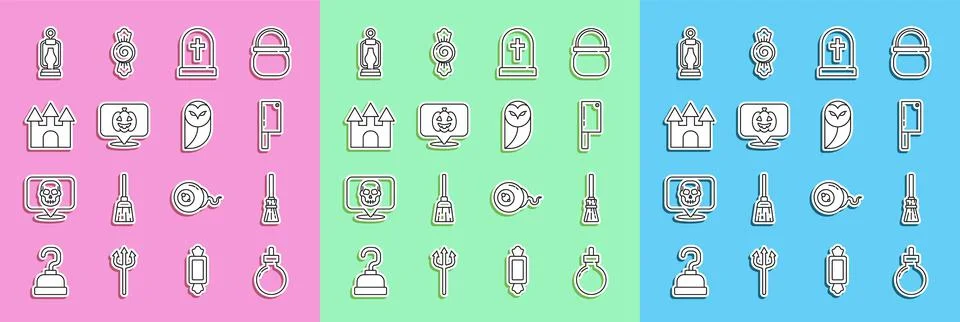 Set line Bomb ready to explode, Witches broom, Meat chopper, Tombstone with Stock Illustration