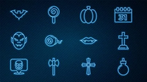 Set line Bomb ready to explode, Tombstone with cross, Pumpkin, Eye, Vampire Illustrazione stock