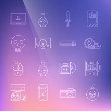 Set line Bomb ready to explode, Slot machine, Coin for game, Sword, Video 스톡 일러스트