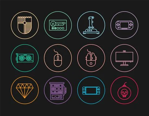 Set line Bomb ready to explode, Computer monitor, Joystick for arcade machine Illustrazione stock