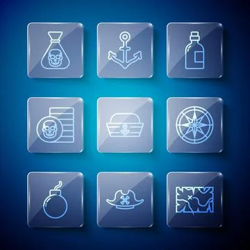 Set line Bomb ready to explode, Pirate hat, treasure map, Alcohol drink Rum 스톡 일러스트