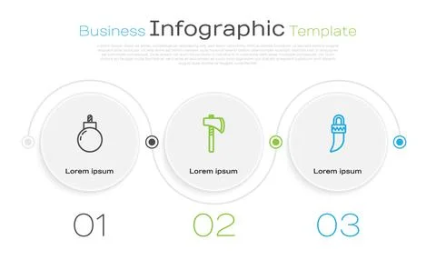 Set line Bomb ready to explode, Tomahawk axe and Tooth. Business infographic 库存插图