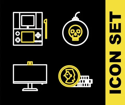 Set line Bomb ready to explode, Coin for game, Computer monitor and Portable Stock-Illustration