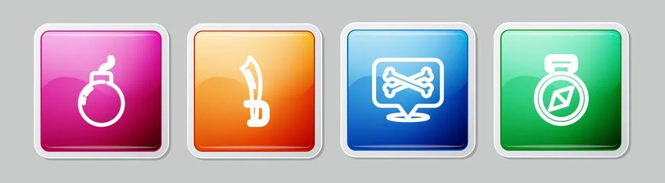 Set line Bomb ready to explode, Pirate sword, Location pirate and Compass Illustrazione stock