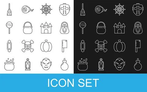 Set line Bomb ready to explode, Meat chopper, Funny and scary ghost mask, Spider Illustrazione stock