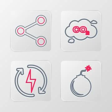 Set line Bomb ready to explode, Recharging, CO2 emissions cloud and Share icon 스톡 일러스트