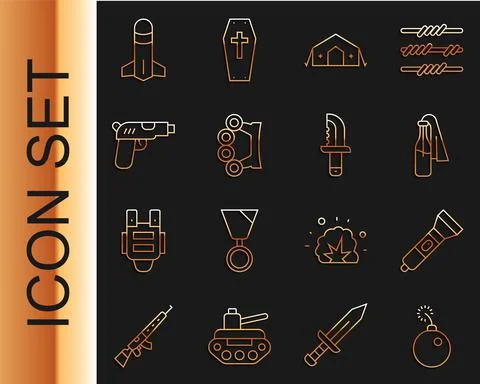 Set line Bomb ready to explode, Flashlight, Cocktail molotov, Military medical Stockillustratie