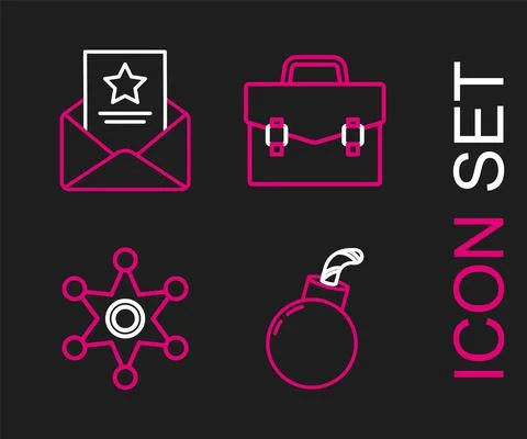 Set line Bomb ready to explode, Hexagram sheriff, Briefcase and The arrest Illustrazione stock