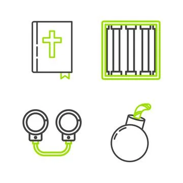 Set line Bomb ready to explode, Handcuffs, Prison window and Holy bible book Ilustración de archivo