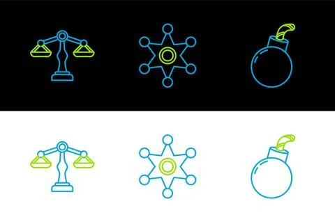 Set line Bomb ready to explode, Scales of justice and Hexagram sheriff icon 스톡 일러스트