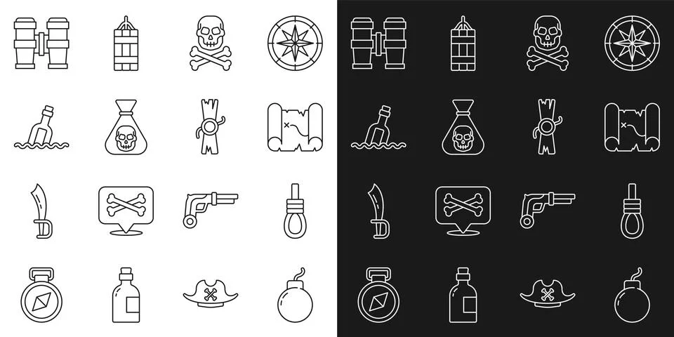Set line Bomb ready to explode, Gallows rope loop hanging, Pirate treasure map Illustrazione stock