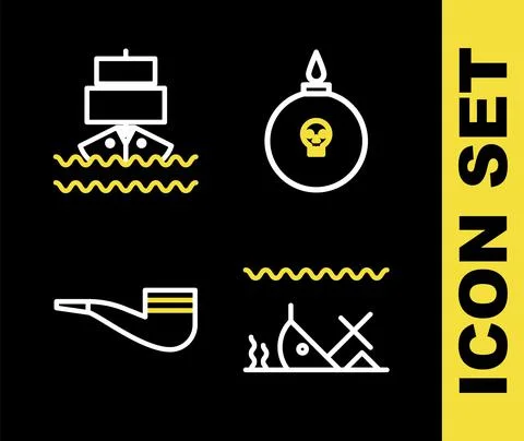 Set line Bomb ready to explode, Sunken ship, Smoking pipe and Ship icon. Vector Stockillustratie