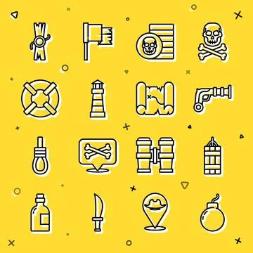 Set line Bomb ready to explode, Dynamite bomb, Vintage pistols, Pirate coin Stockillustratie